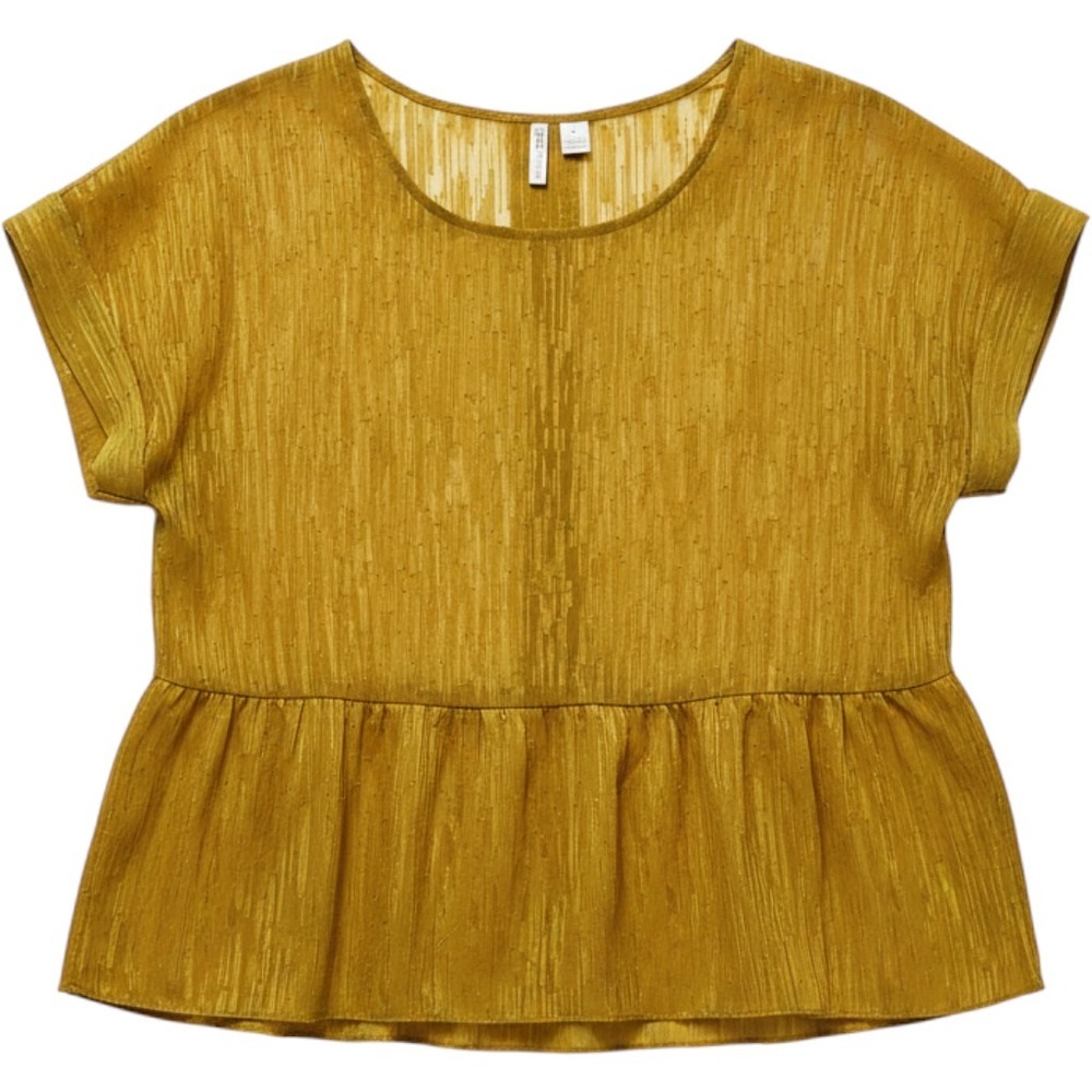 Cato Mustard Yellow Gold Metallic Sheer Peplum Top Short Sleeve Blouse Large